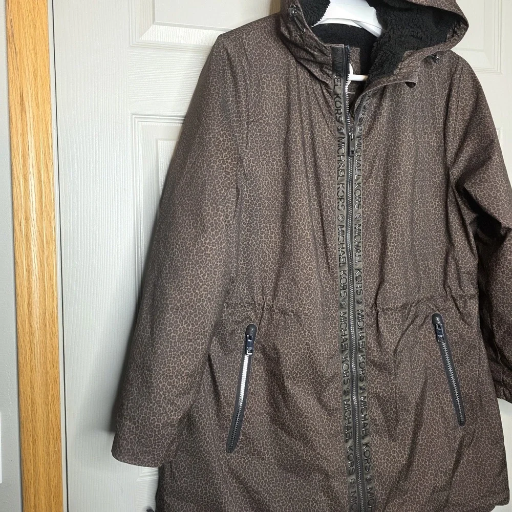 Michael Kors Soft Shell Hooded‎ Coat Anorak Plus 1X Chocolate Animal Lepord